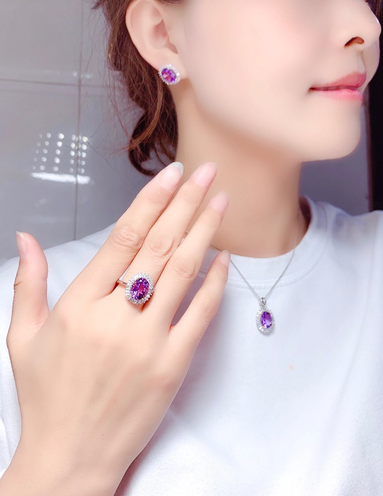 Natural Amethyst Women Ring Pendant Earring