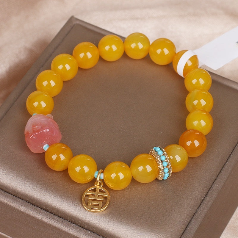 Natural Yellow Agate Single Circle Ball Women Bracelet Vintage