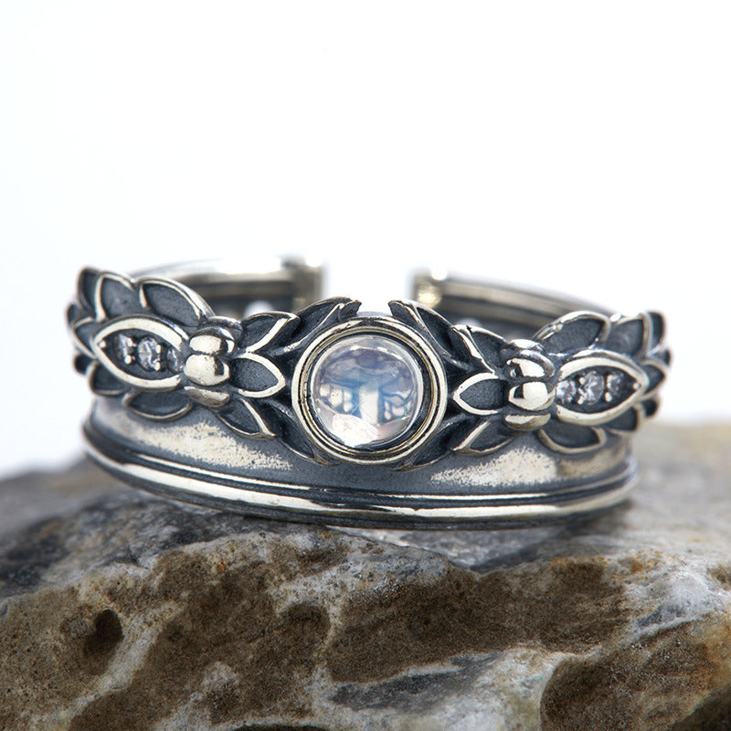 Natural Moonstone S925 Sterling Silver Retro Women Ring