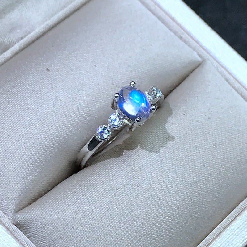 Inlaid Natural Blue Silver Moonstone Women Ring