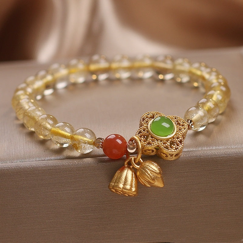 Ethnic Style Two-piece lotus Pendant Natural Citrine Bracelet For Women