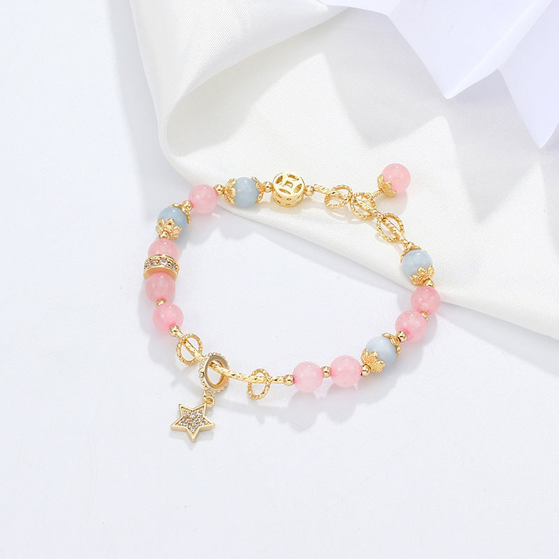 Rose Quartz Peach Pollen Crystal Women Bracelet With Stars