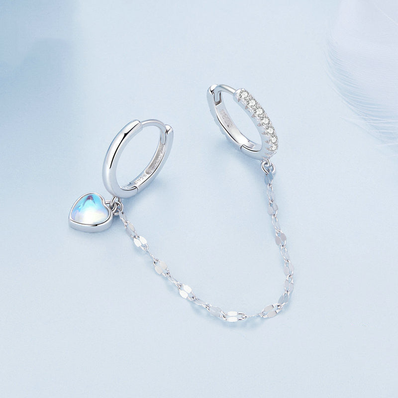 Heart Shaped Moonstone Double Ear Buckle Women Earrings