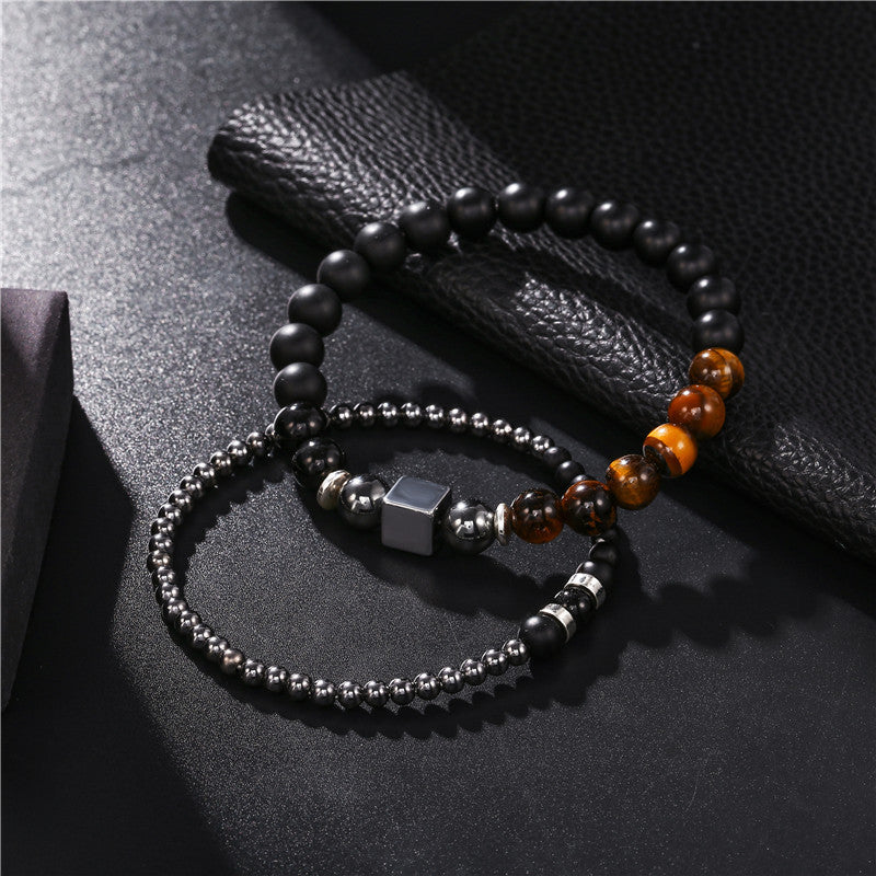 Black Frosted Tigereye Cube Elastic Men Bracelet Set