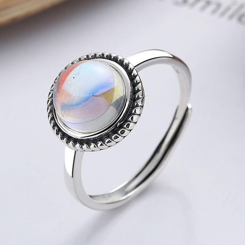 S925 Silver Retro Light Luxury Style Moonstone Women Ring