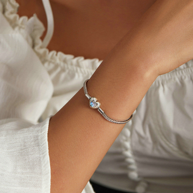 Heart Moonstone Inlaid Sterling Silver Women Bracelet