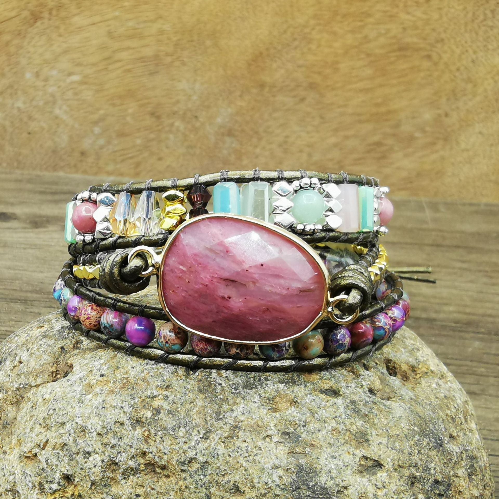 Natural Rhodochrosite Hand Woven Women Bracelet