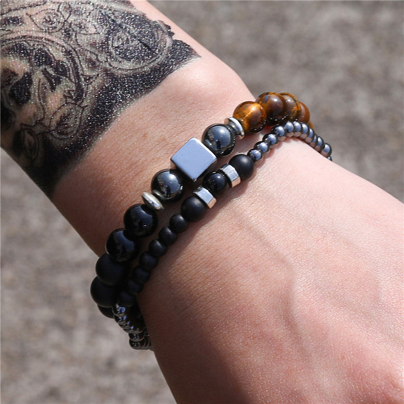 Black Frosted Tigereye Cube Elastic Men Bracelet Set