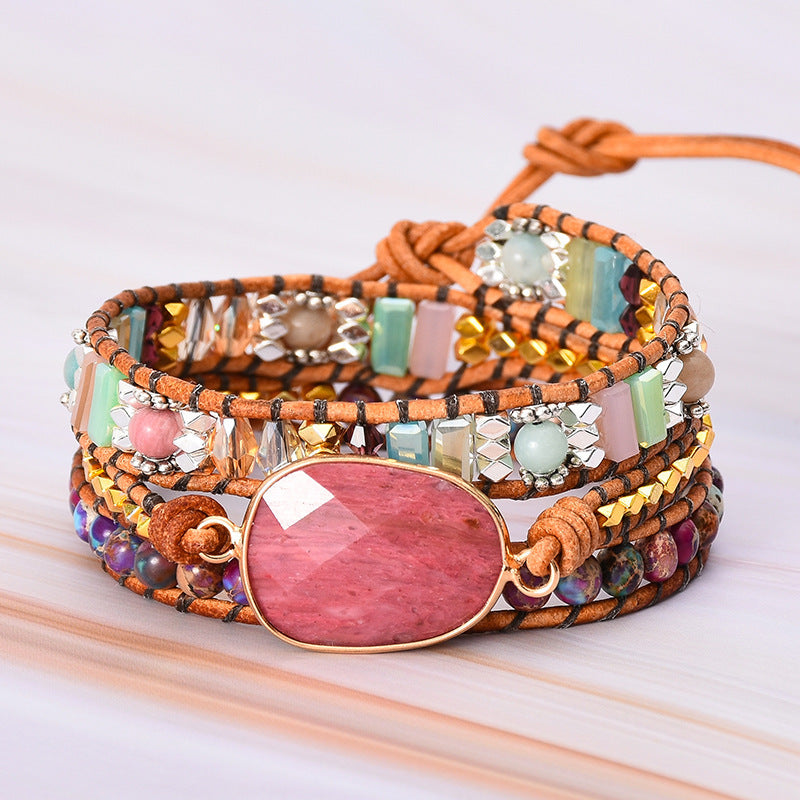 Natural Rhodochrosite Hand Woven Women Bracelet