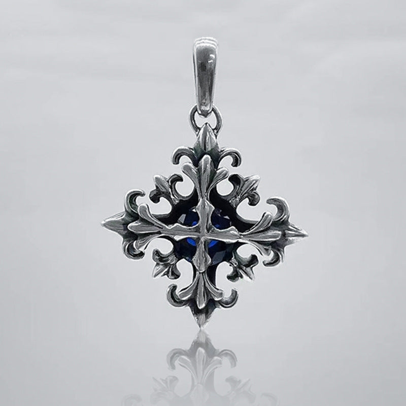 S925 Silver Cross Flower Pendant Necklace Men