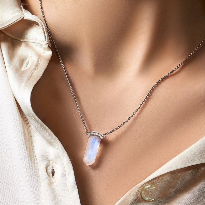 Sterling Silver Hexagon Pillar Crystal Moonstone Charm Women Necklace