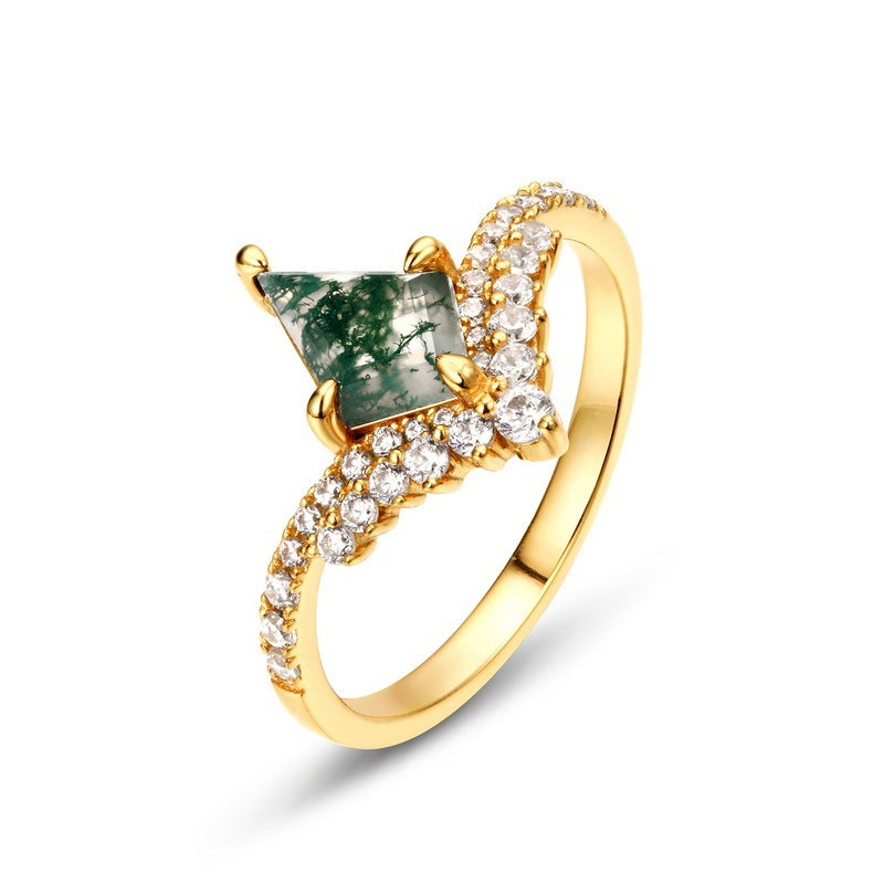 S925 Silver Green Moss Agate Women Ring