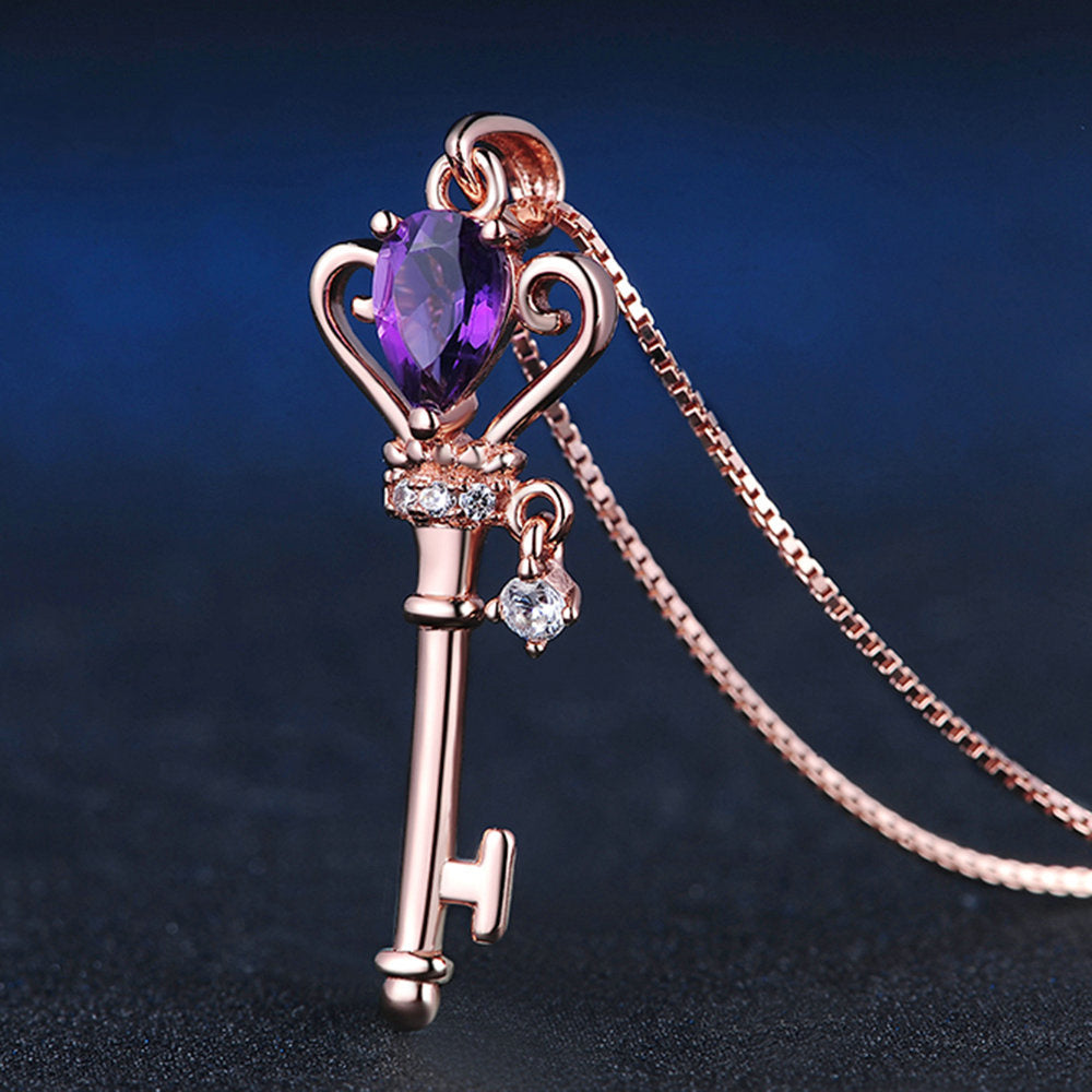 Silver Crown Key Pendant Necklace 0.4 Carat Amethyst Gemstone Jewelry Rose Gold Plated Chain