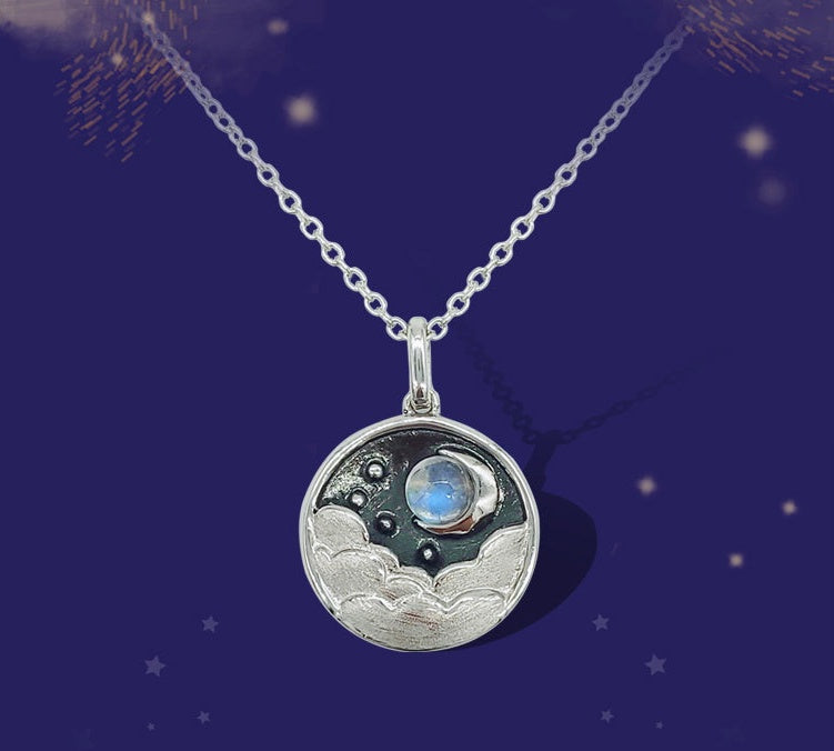 Silver Women Fashion Natural Moonstone Pendant Necklace