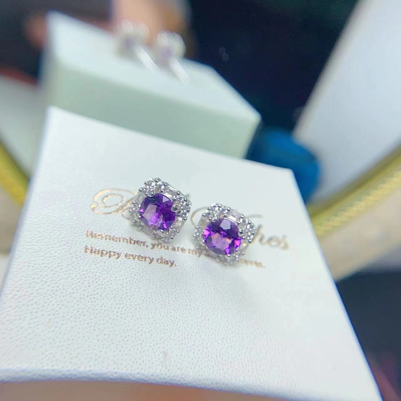 Simple 925 Silver Inlaid Amethyst Stud Women Earrings