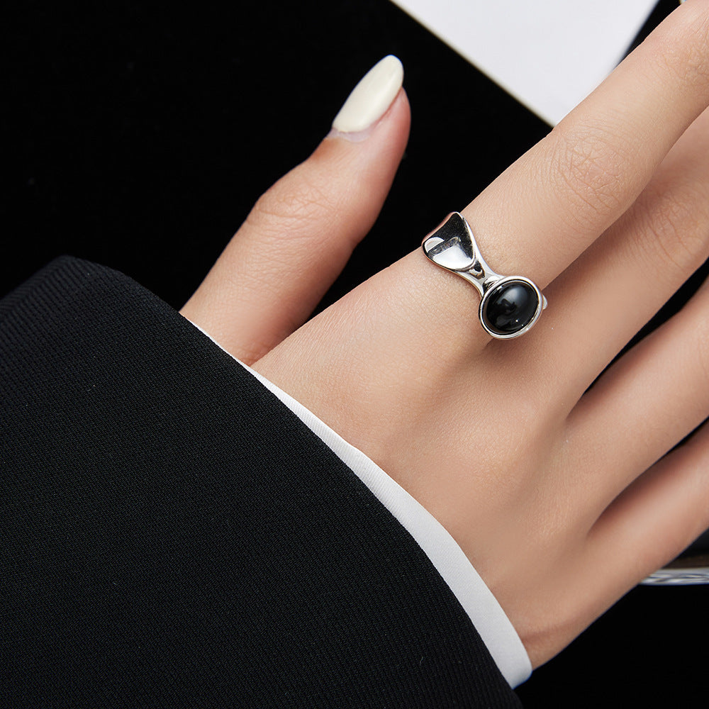 S925 Natural Black Agate Women Ring