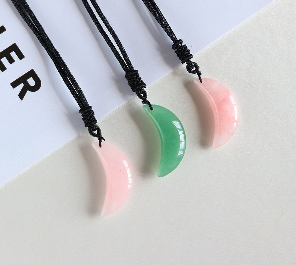 Natural Crystal Rose Quartz Aventurine Jade Crescent Pendant Women Necklace