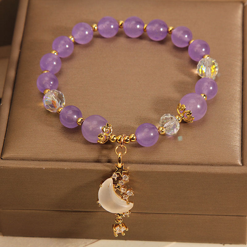 Chinese Style Amethyst Beaded Moon Bracelet For Women