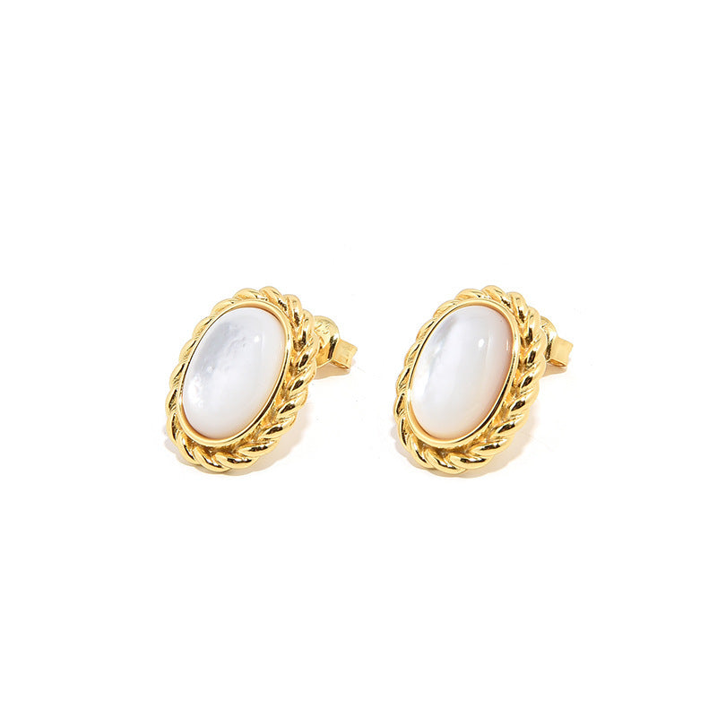 French Retro S925 Silver Plated Threaded Agate White Shell Oval Women Earrings