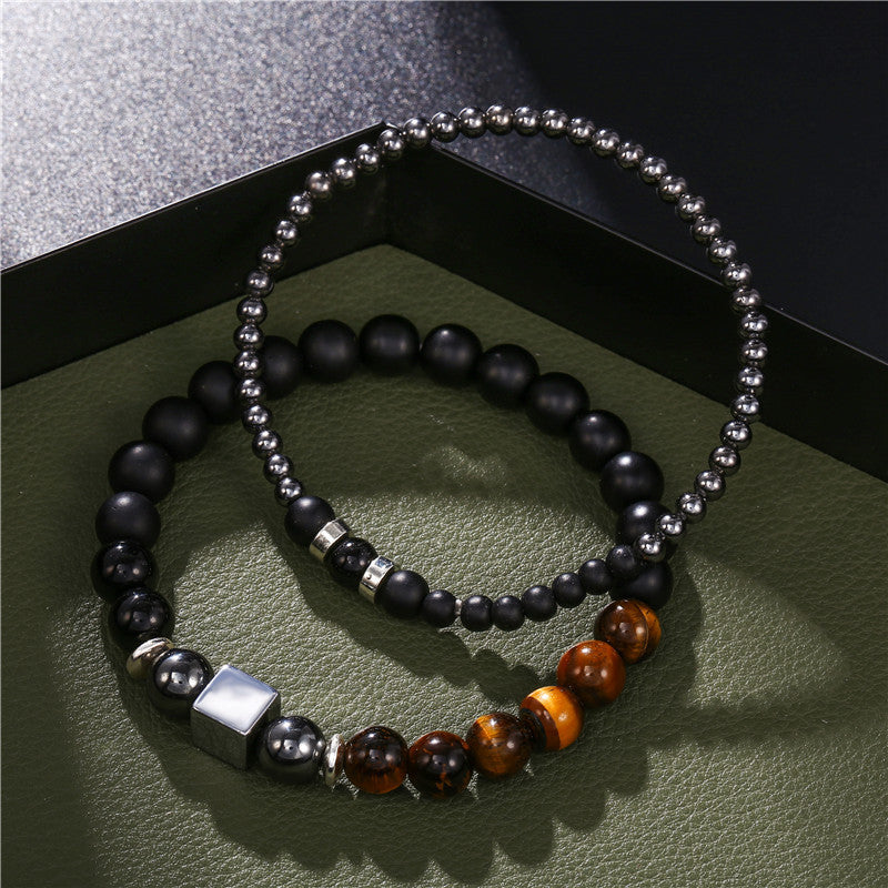 Black Frosted Tigereye Cube Elastic Men Bracelet Set