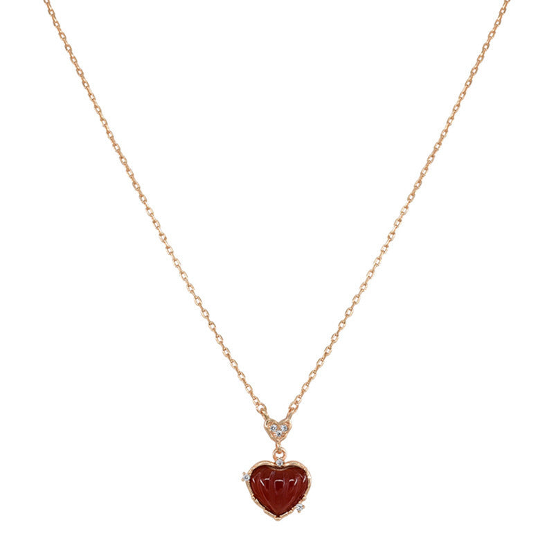 Women's Retro Color Gold Red Agate Heart Necklace