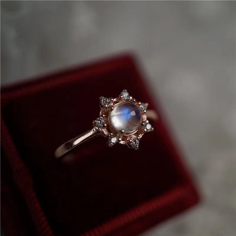 Natural Moonstone Snowflake Diamond Sterling Silver Women Ring