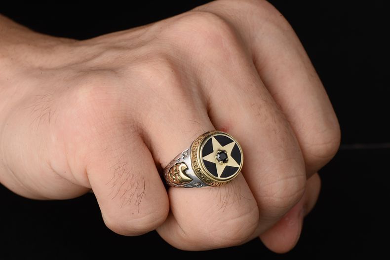 Five-pointed Star Thai Silver And Black Agate Men Ring