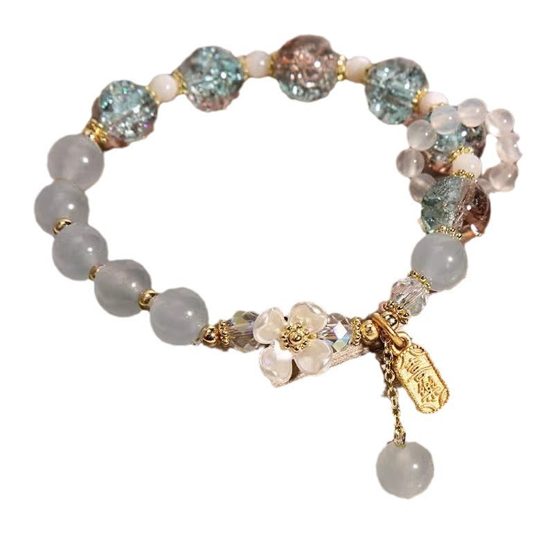 Lavander Purple Chalcedony Crystal Single Circle Women's White Agate Blue Flower Bracelet