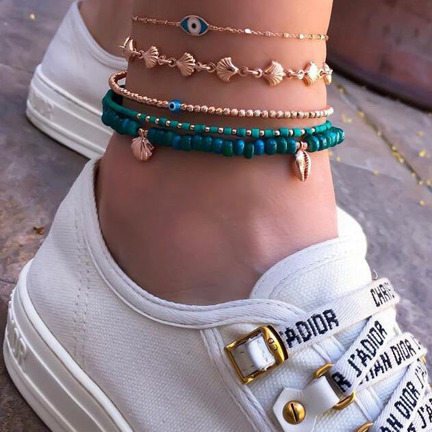 Rice Beads Evil Eye Scallop 5-piece Anklet