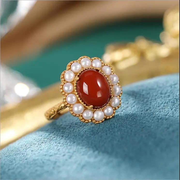 Women's Natural South Red Agate Pearl Ring Plated 925 Silver