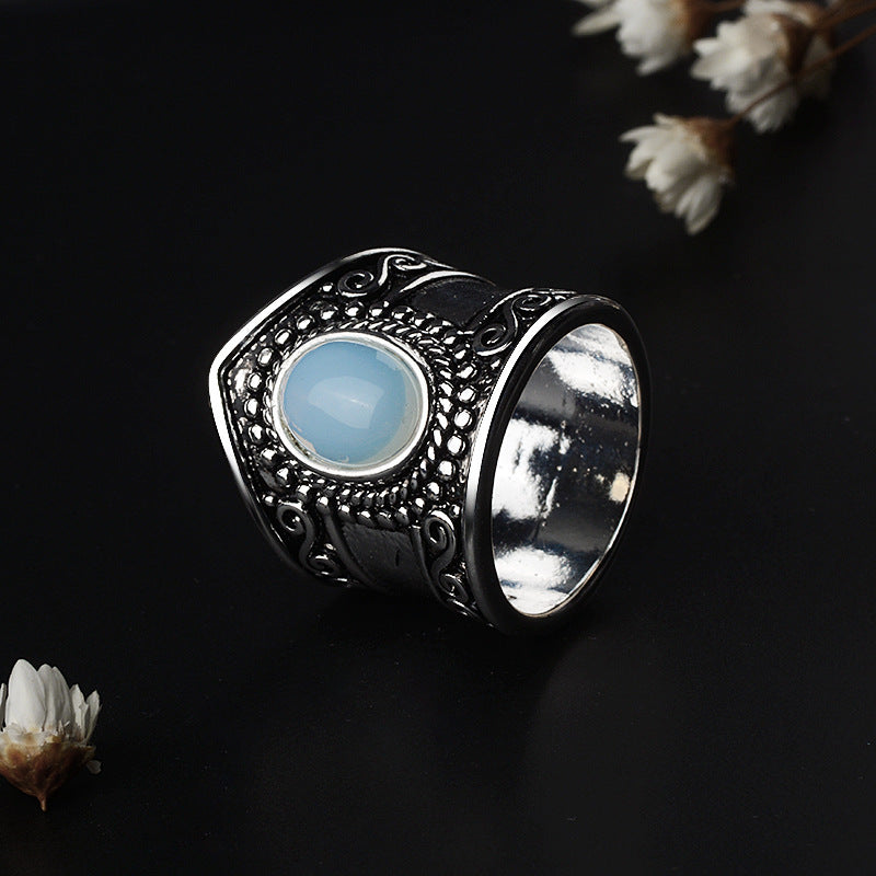 Women's Vintage Thai Silver Moonstone Black Onyx Ring