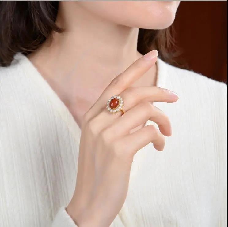 Women's Natural South Red Agate Pearl Ring Plated 925 Silver