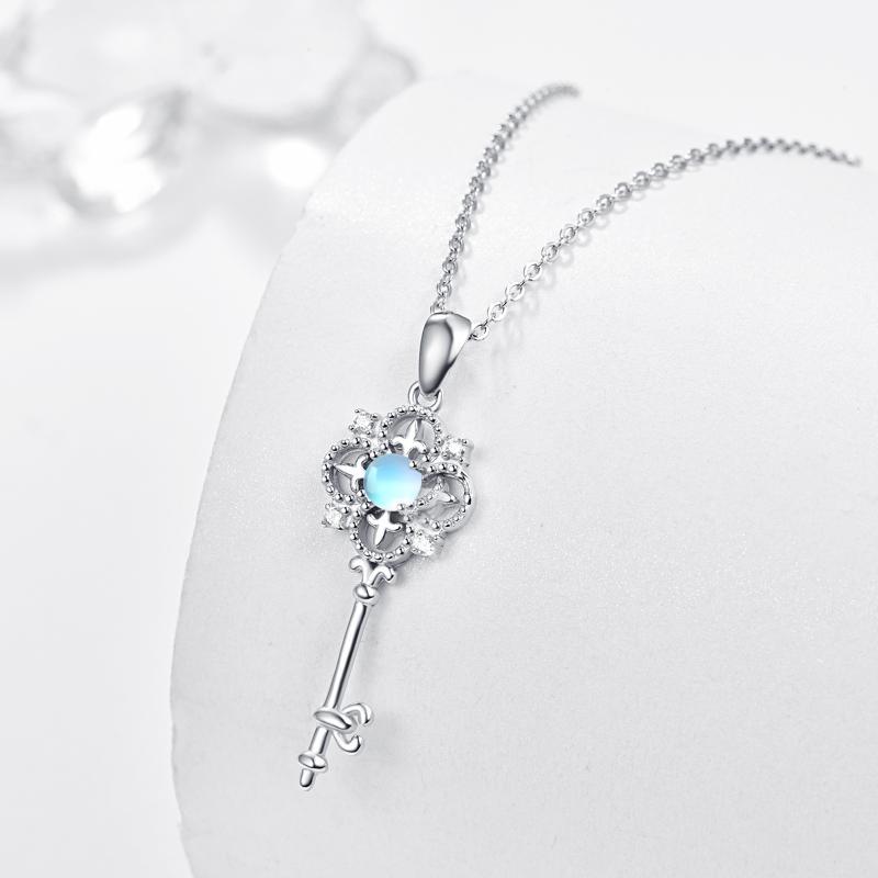 Sterling Silver Key Blue Moonstone Women Necklace