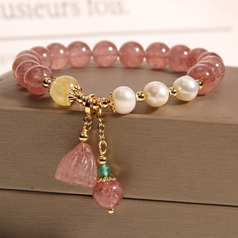 Natural Strawberry Quartz Lotus Seedpod Pendant Bracelet