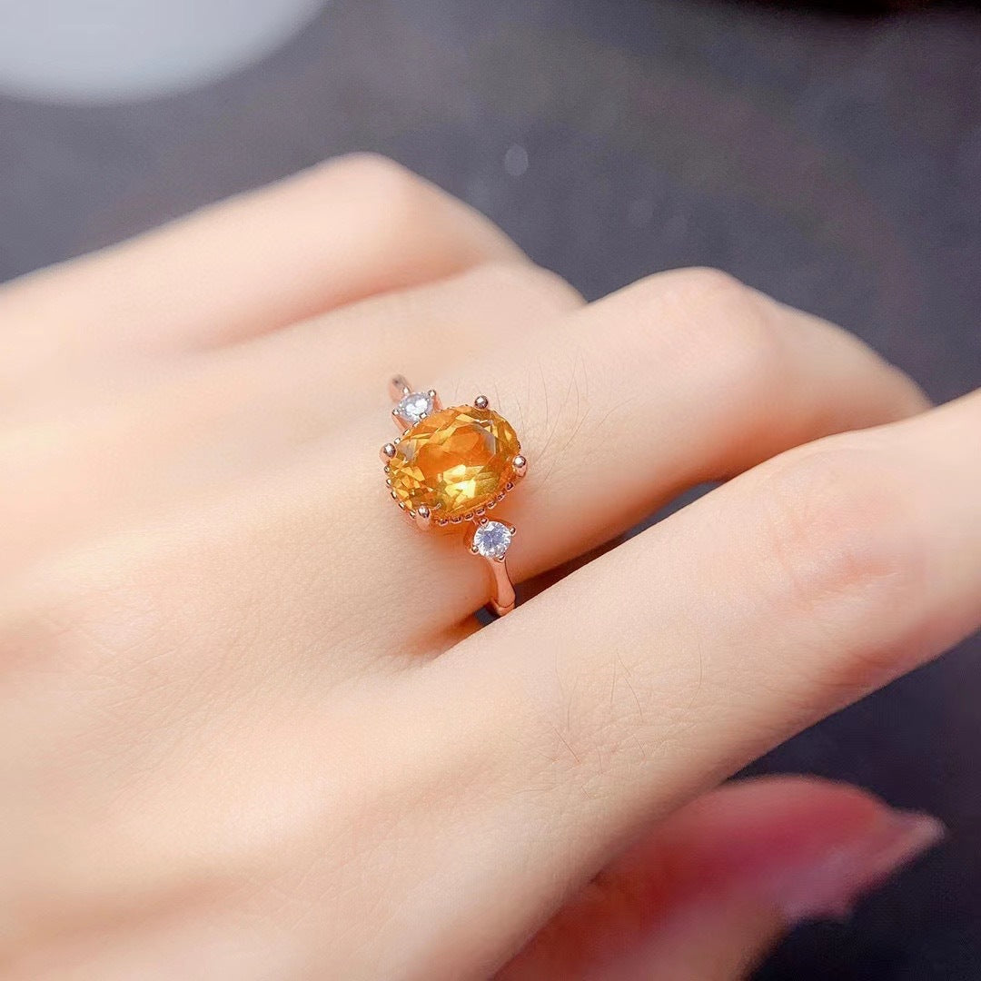 925 Silver Plated 18K Inlaid Natural Brazil Citrine Ring