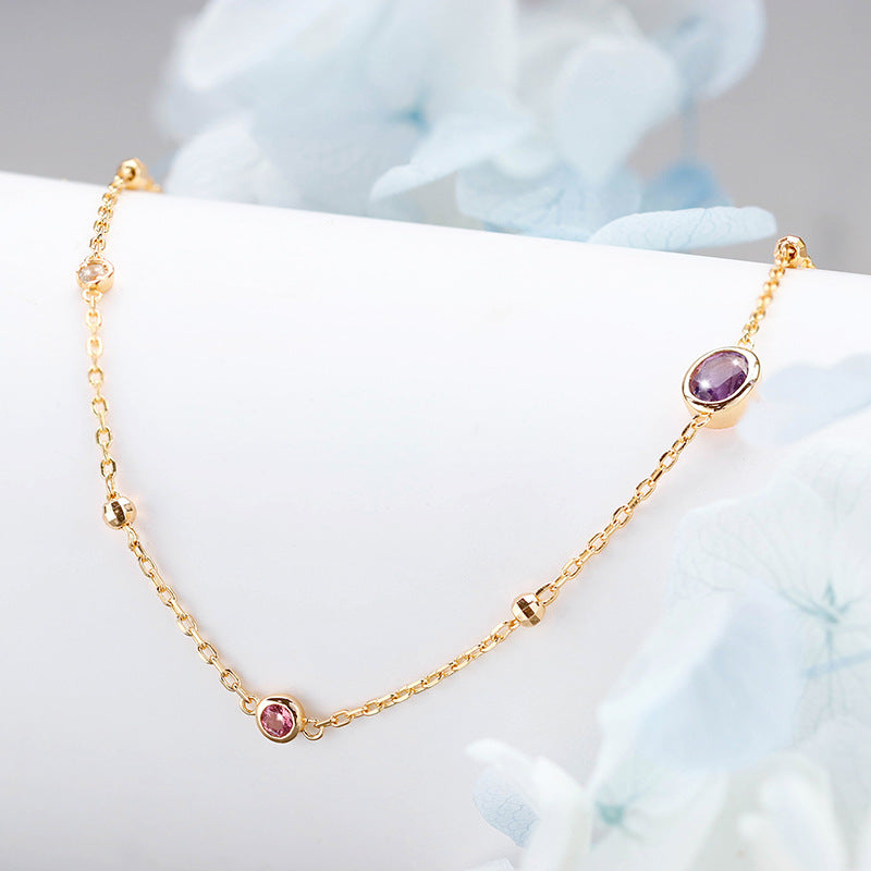 S925 Silver Amethyst Powder Tourmaline Women Necklace Simple Style