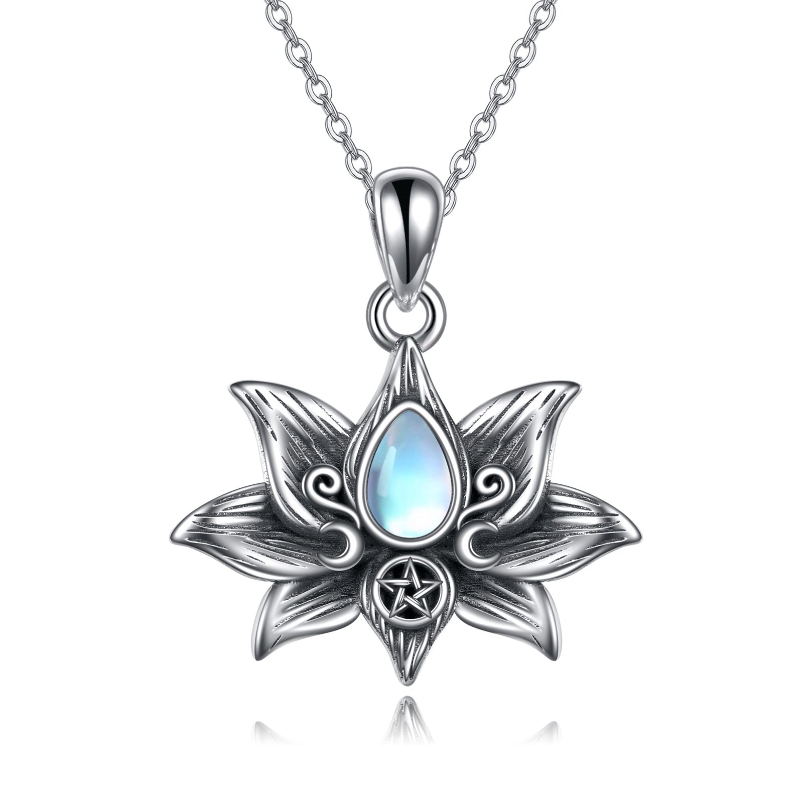 Sterling Silver Moonstone Lotus Pendant Necklace Jewelry for Women