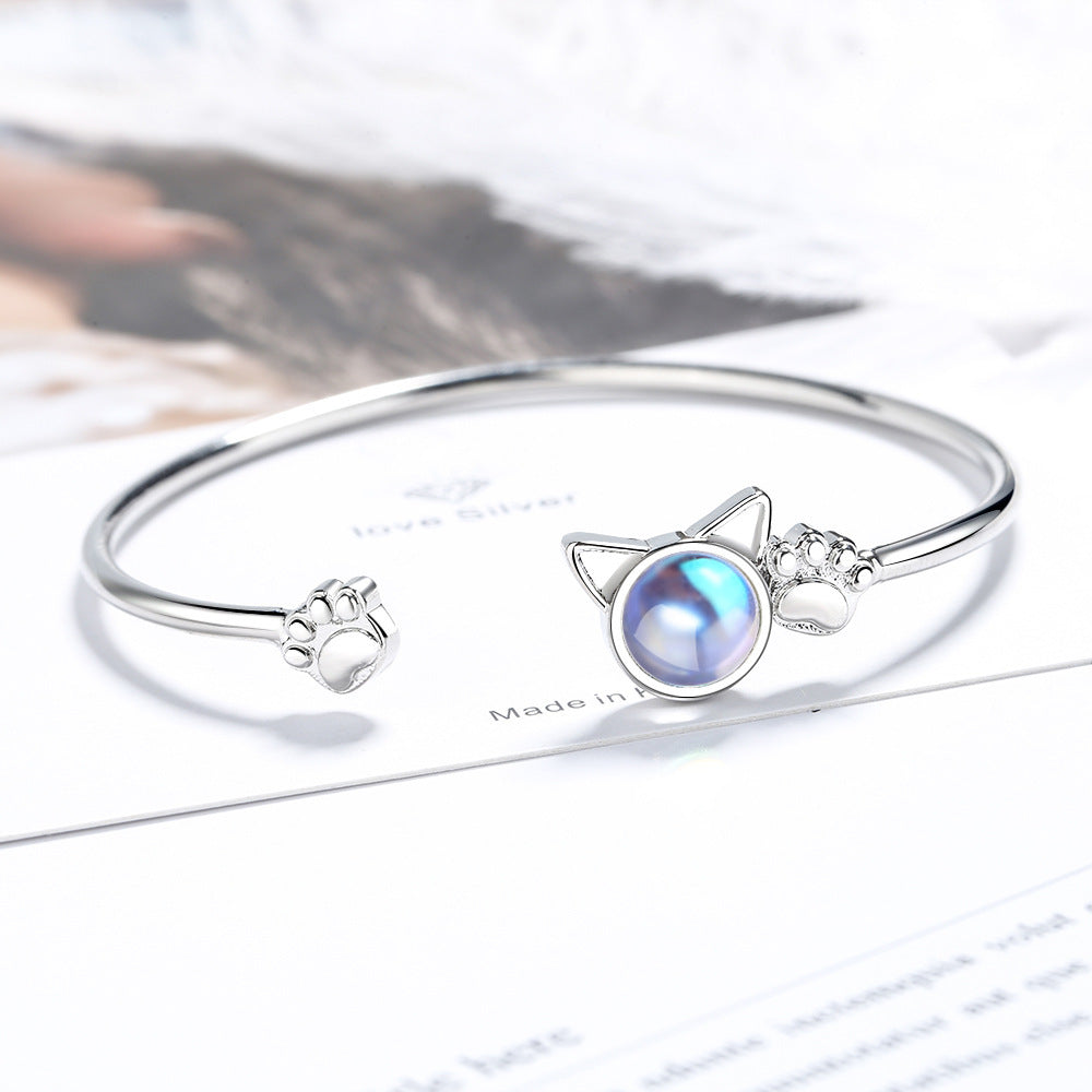 Sweet Cute Cat Paw Moonstone Women Bracelet