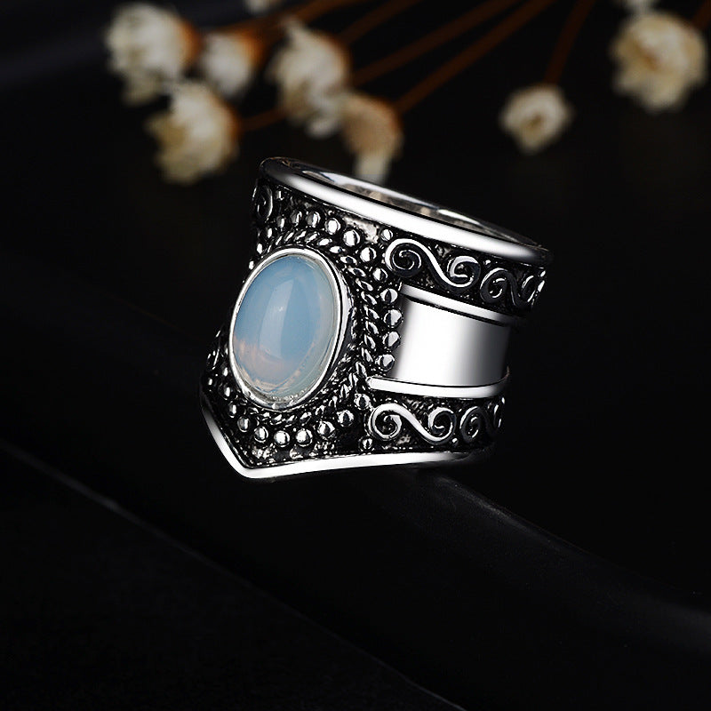 Women's Vintage Thai Silver Moonstone Black Onyx Ring