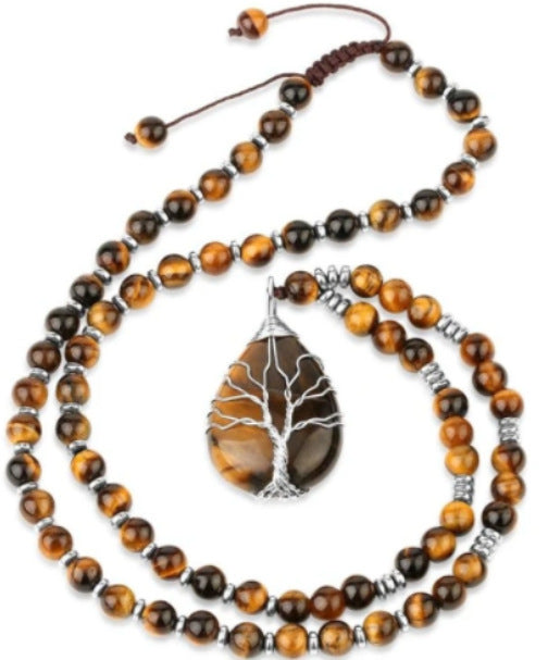 Natural Tigereye Rose Gold Winding Water Drop Tree Of Life Pendant Tiger Eye Round Beads women Sweater Chain Necklace