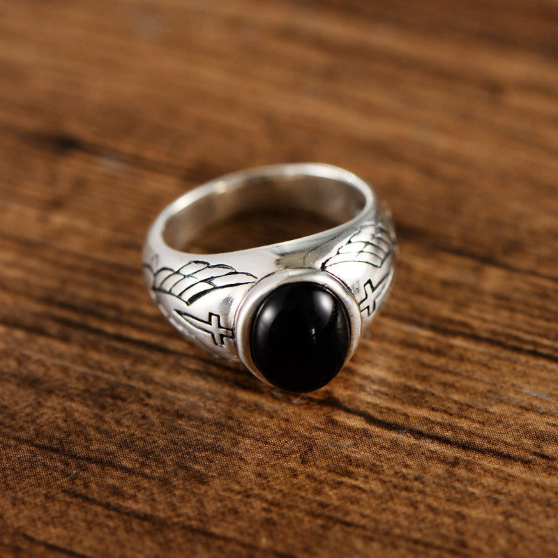 Vintage Thai Silver Black Agate Men Ring