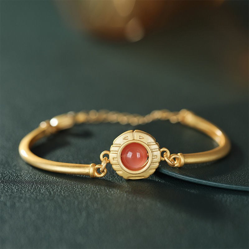 Natural Red Agate Double Happiness Round Women's Hand Bracelet