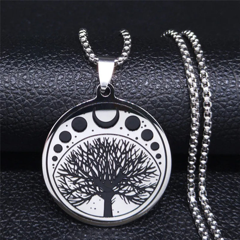 Round Stainless Steel Bodhi tree Pendant Necklace Fashion Trend Men Necklace Decoration