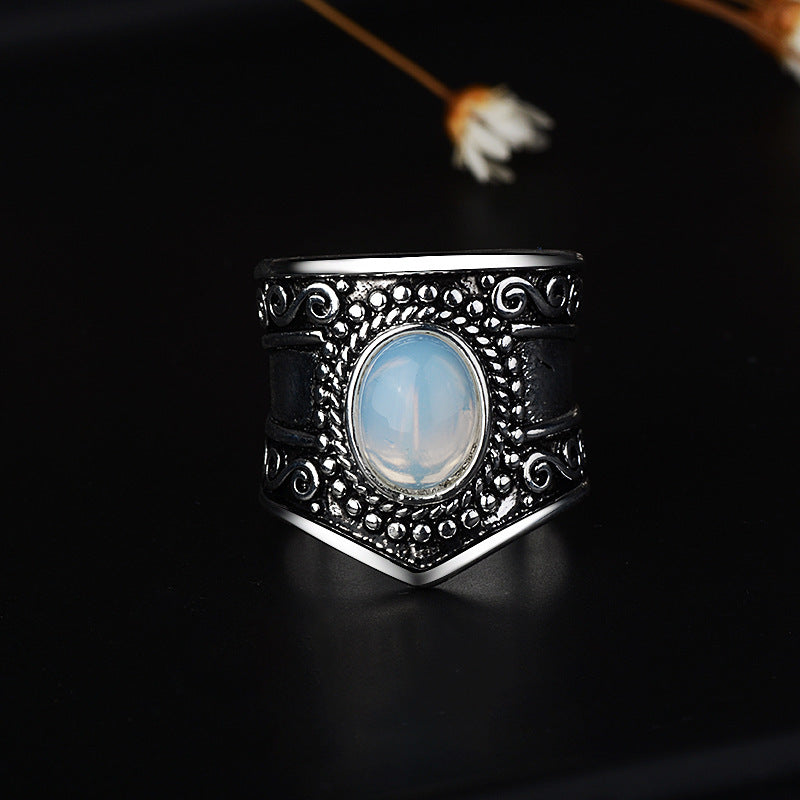 Women's Vintage Thai Silver Moonstone Black Onyx Ring