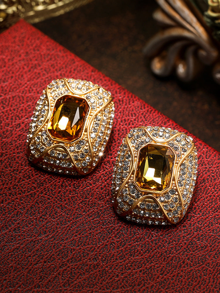 Square Full Zircon Citrine Silver Pin Earrings