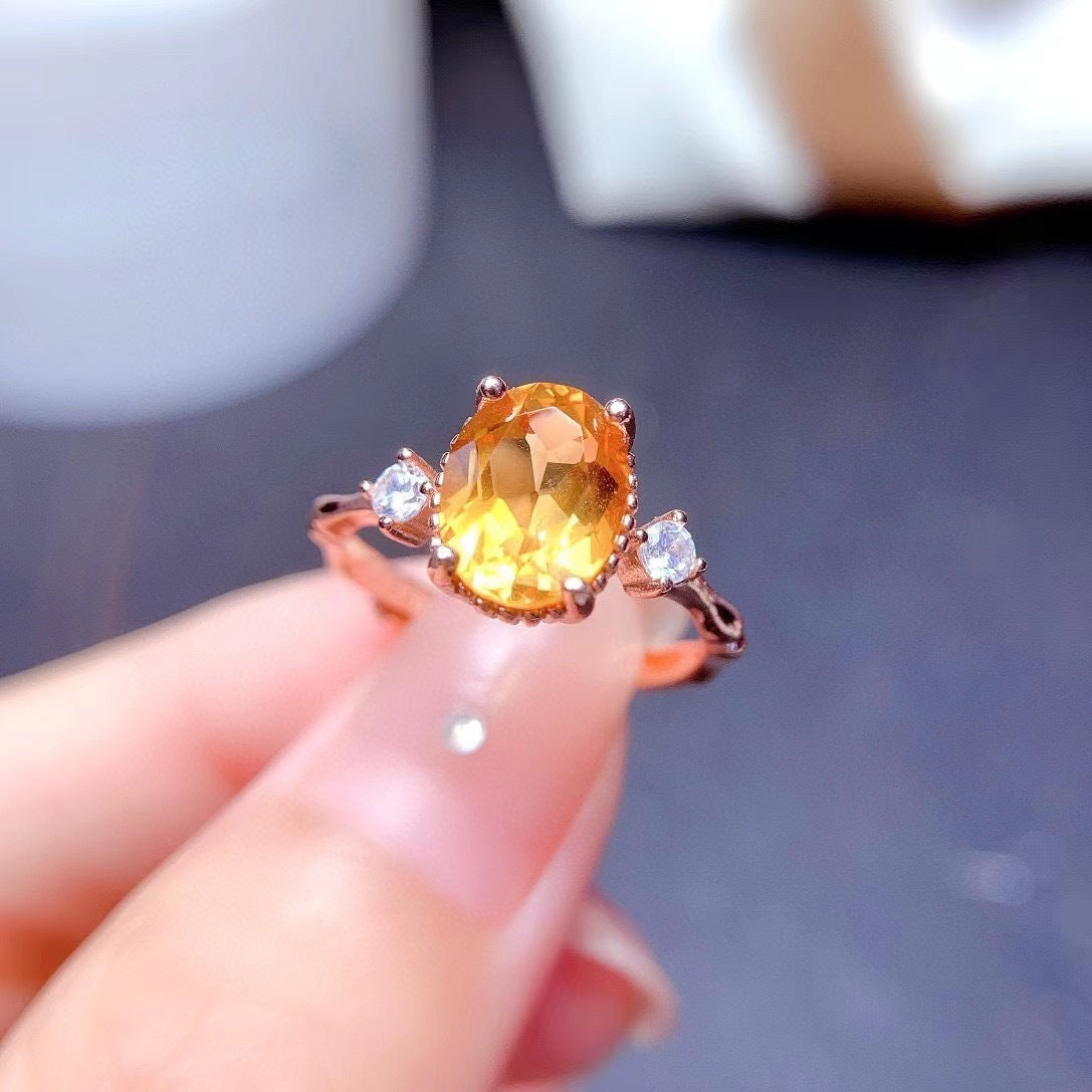 925 Silver Plated 18K Inlaid Natural Brazil Citrine Ring