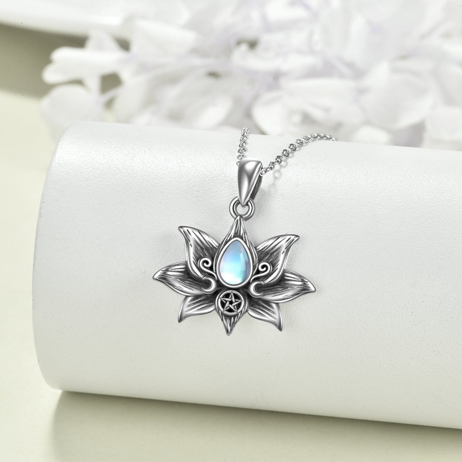 Sterling Silver Moonstone Lotus Pendant Necklace Jewelry for Women