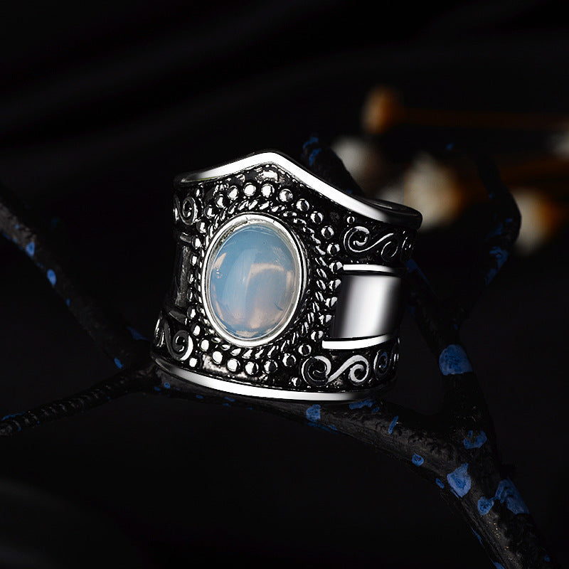 Women's Vintage Thai Silver Moonstone Black Onyx Ring