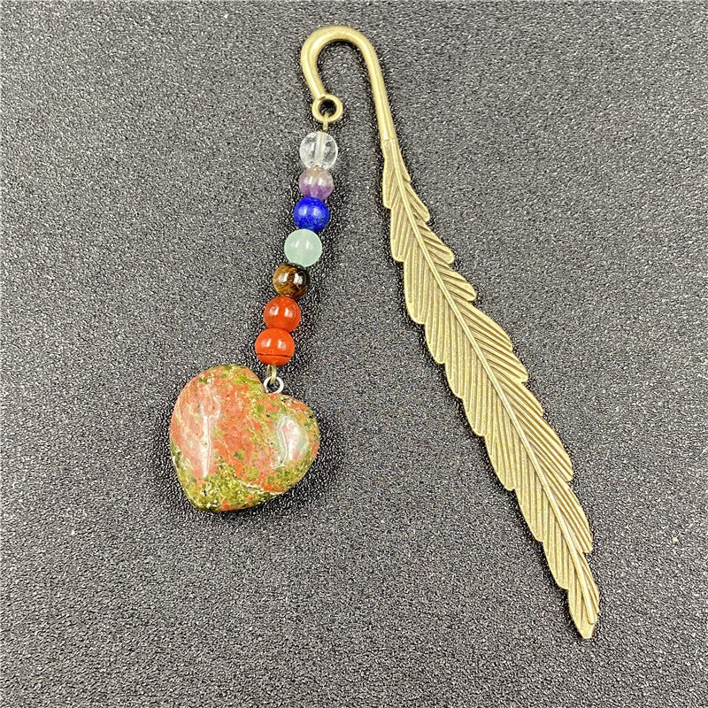 Seven Chakra Agate Heart Feather Bookmark