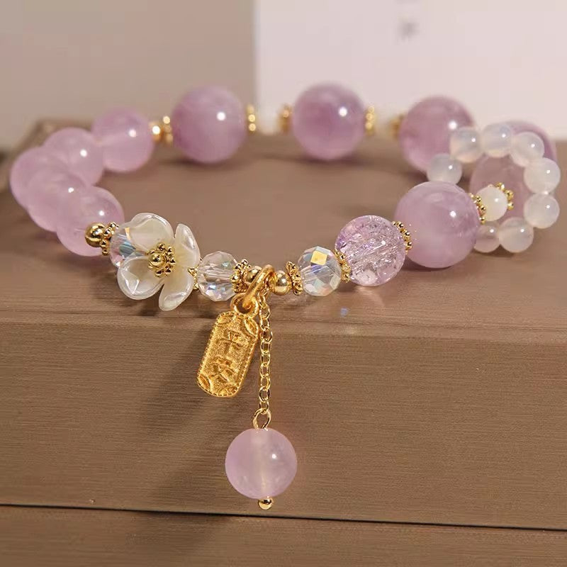 Lavander Purple Chalcedony Crystal Single Circle Women's White Agate Blue Flower Bracelet